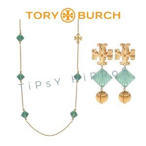 Tory Burch Gold & Green Earrings & Necklace Set Sparkle Like a Fancy Leprechaun